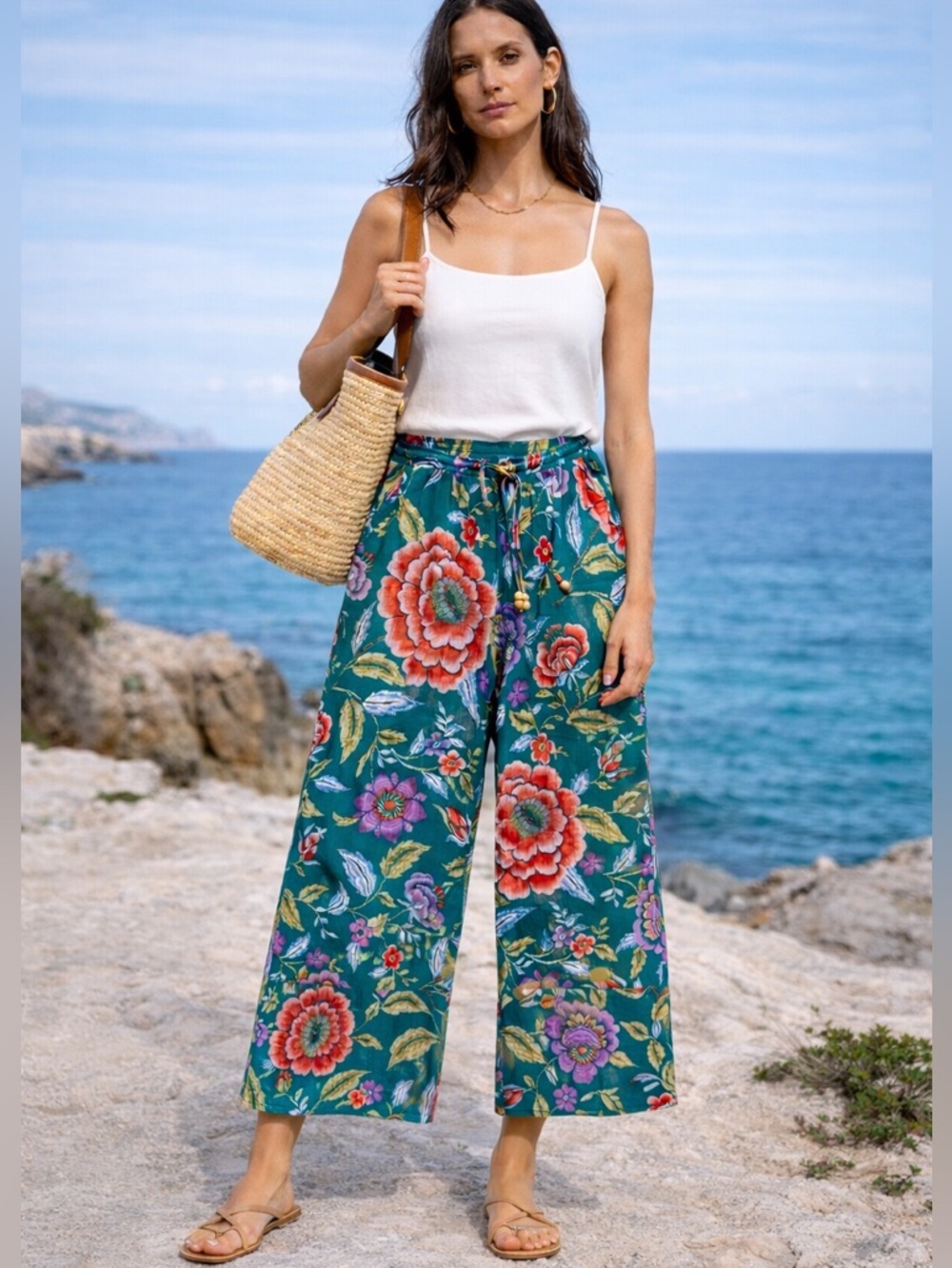 Rachel Zoe Floral Palazzo Pants Wide Leg Boho Coastal High Waist Tie Waist
